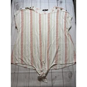 Cure Women's 2XL Striped Button Accent Short Sleeve Top White Pink
